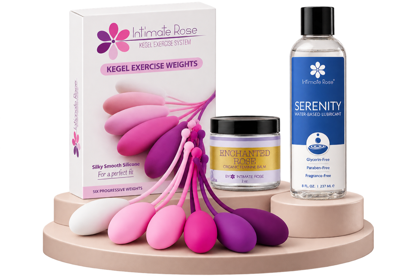 The Kegel Weights Bundle: six progressive weights, Serenity lubricant, and Enchanted Rose balm