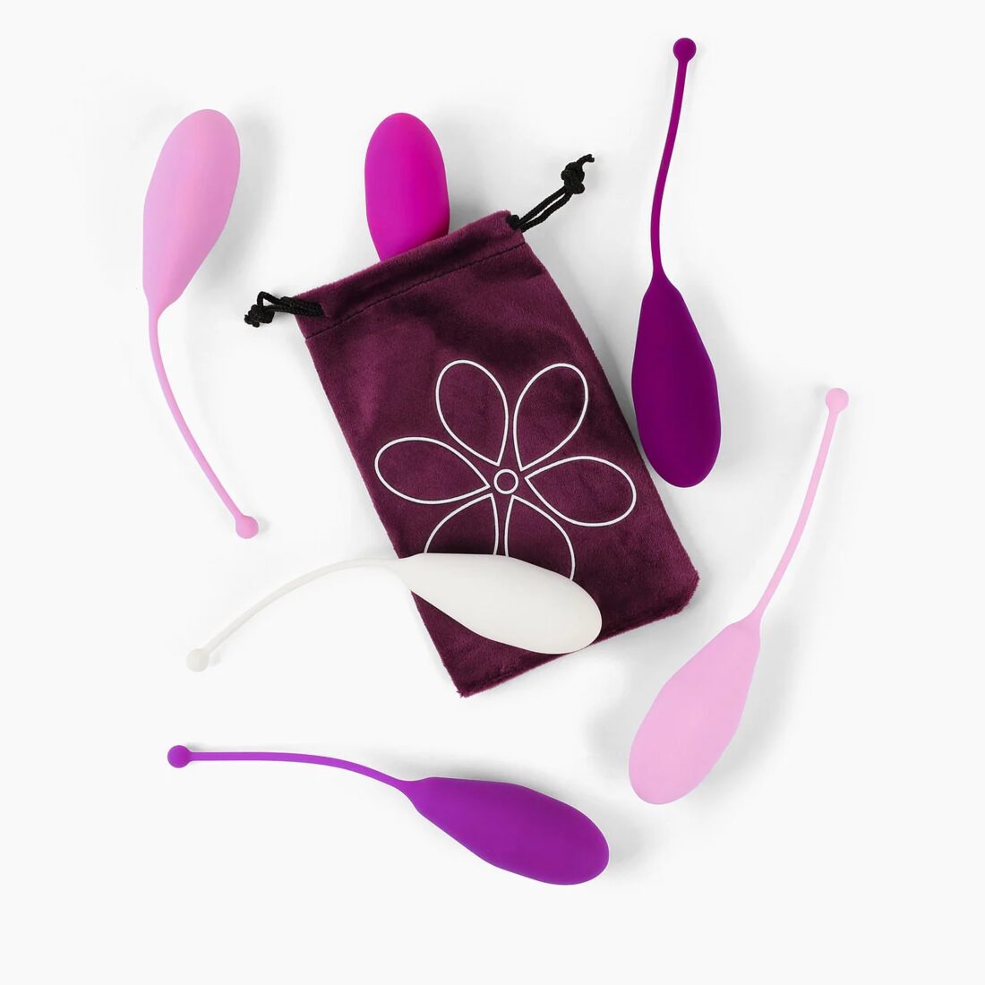 Kegel weights and carry pouch flatlay