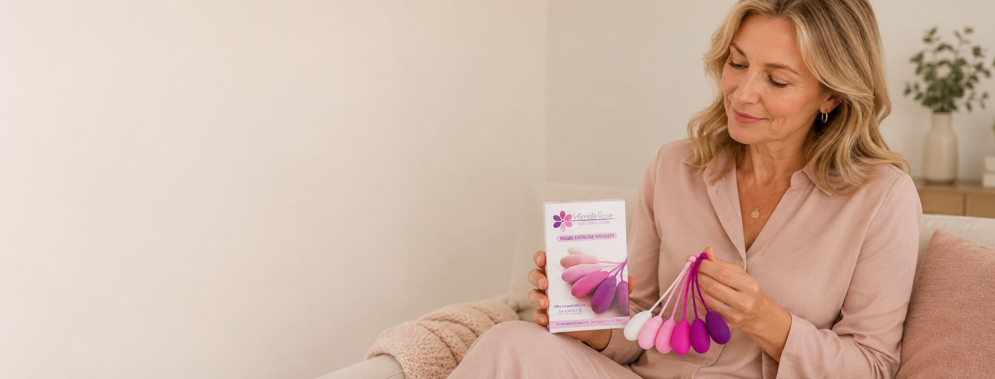 Woman holding the kegel weights