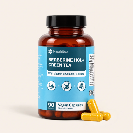An amber supplement bottle labeled 'Immulse Rose Berberine HCL+ Green Tea' with a black cap and a bright blue label, shown on a light beige background with three yellow capsules in front.