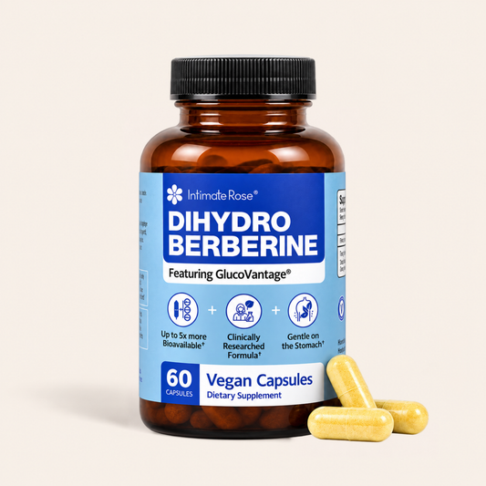 An amber plastic bottle of IntimateRose Dihydro Berberine dietary supplement with a blue label, shown on a light beige background with three yellow capsules in front.