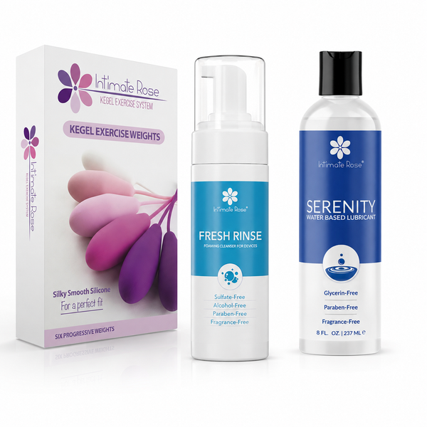 Pelvic Floor Strength Bundle with six Kegel weights, Fresh Rinse foaming cleanser, and Serenity water-based lubricant