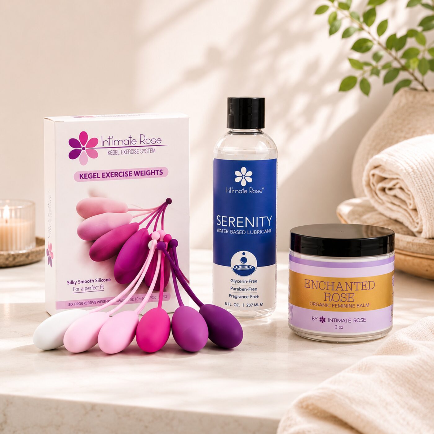 The bundle contents: kegel weights set, Serenity lubricant, and Enchanted Rose balm