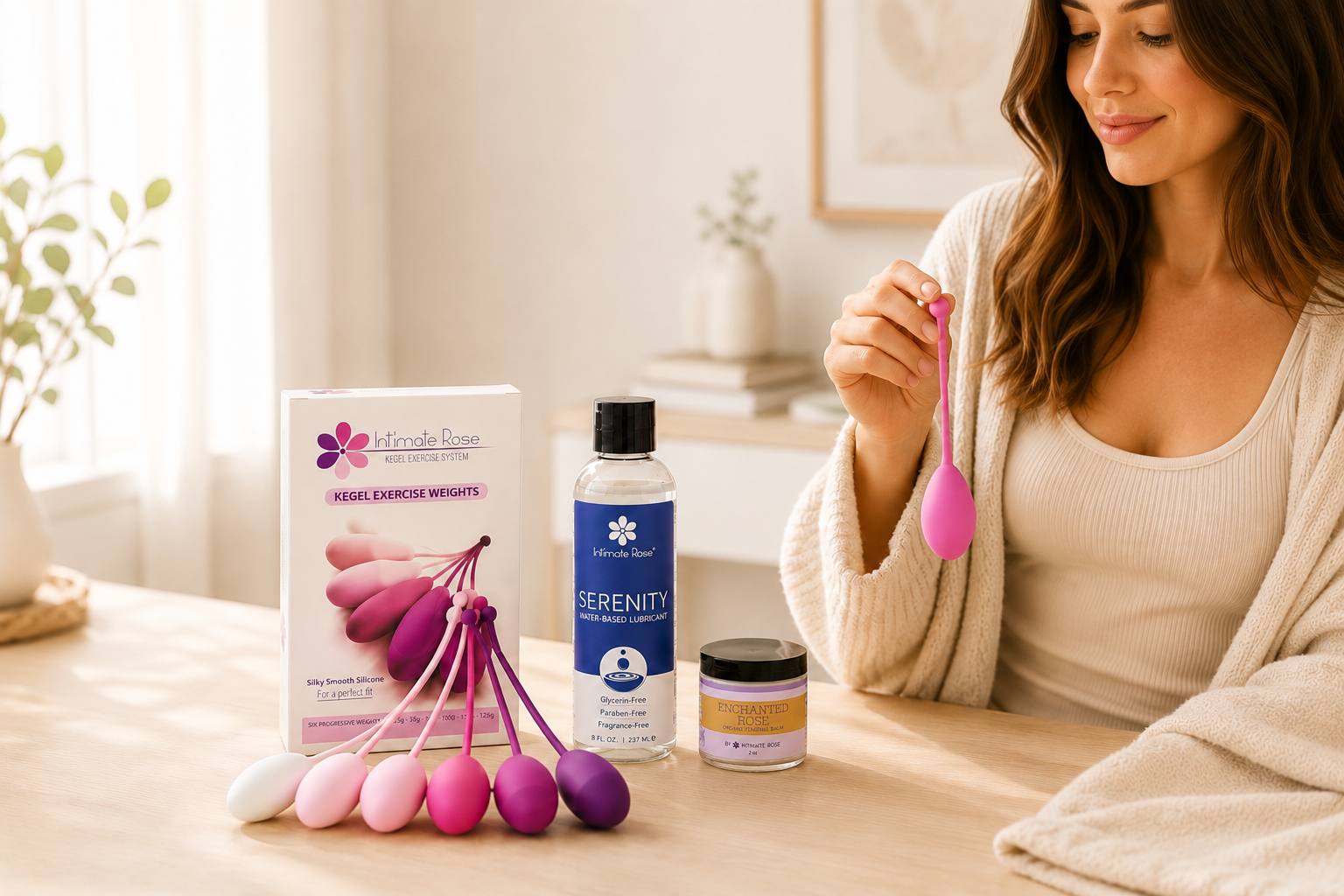 Woman holding a kegel weight with the bundle products on a table