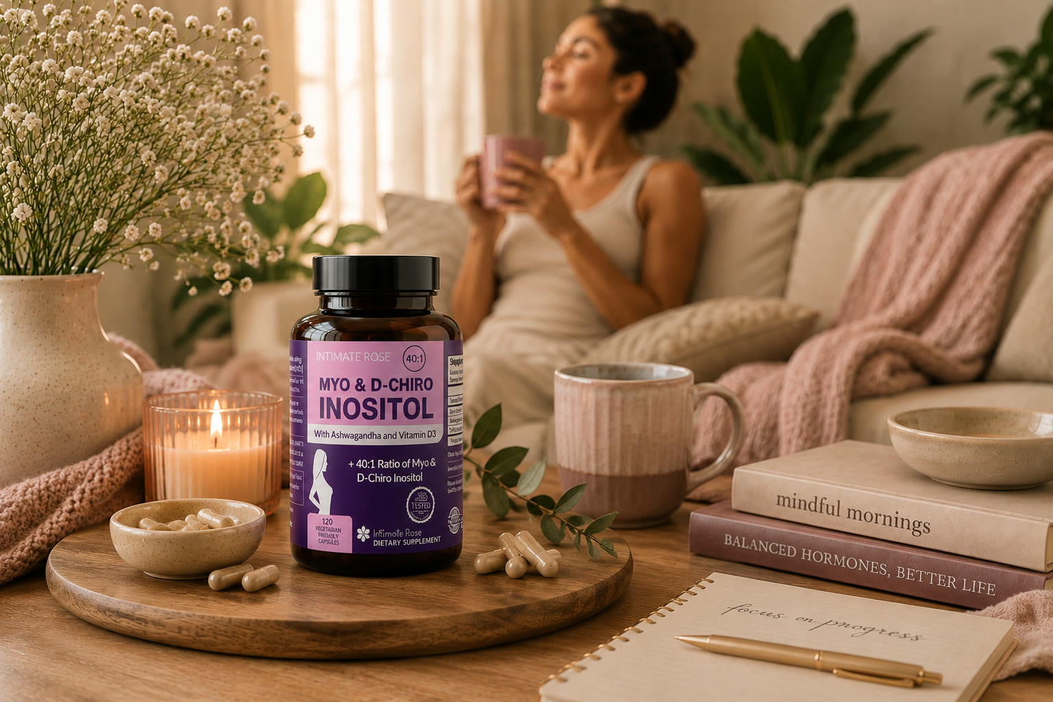 Woman relaxing with a warm drink beside a bottle of Myo & D-Chiro Inositol