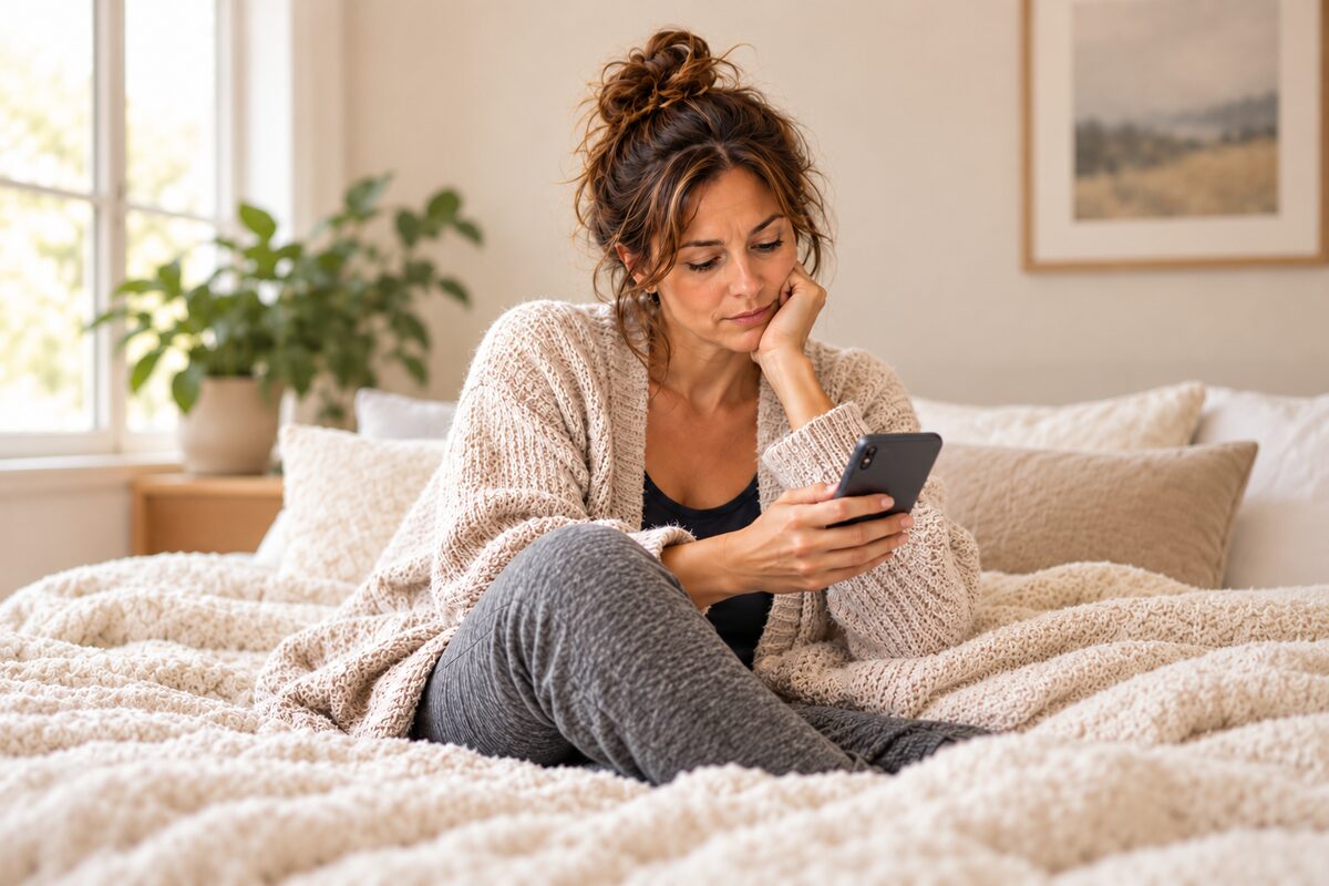 Woman sitting on her bed, looking at her phone